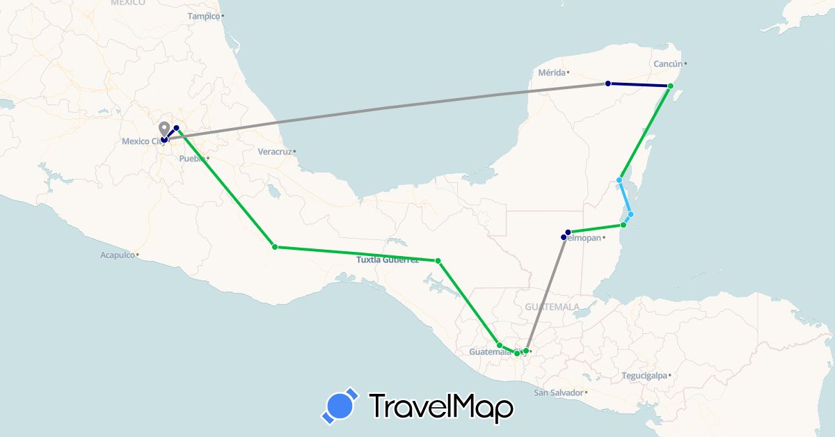 TravelMap itinerary: driving, bus, plane, boat in Belize, Guatemala, Mexico (North America)