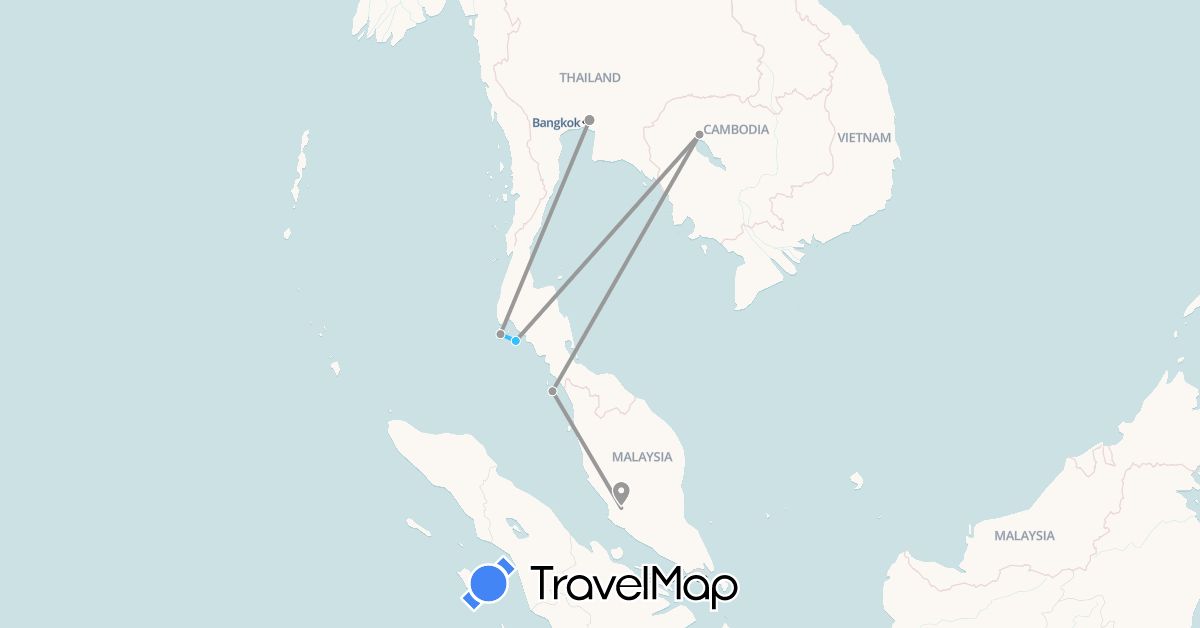 TravelMap itinerary: driving, plane, boat in Cambodia, Malaysia, Thailand (Asia)