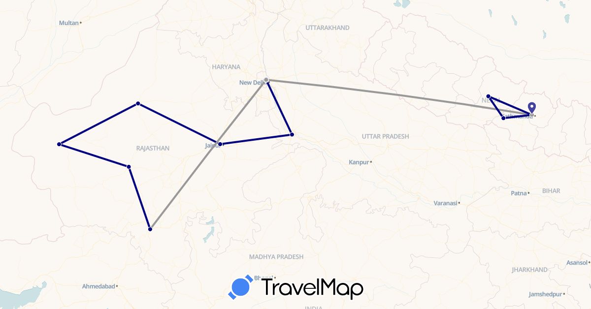 TravelMap itinerary: driving, plane in India, Nepal (Asia)
