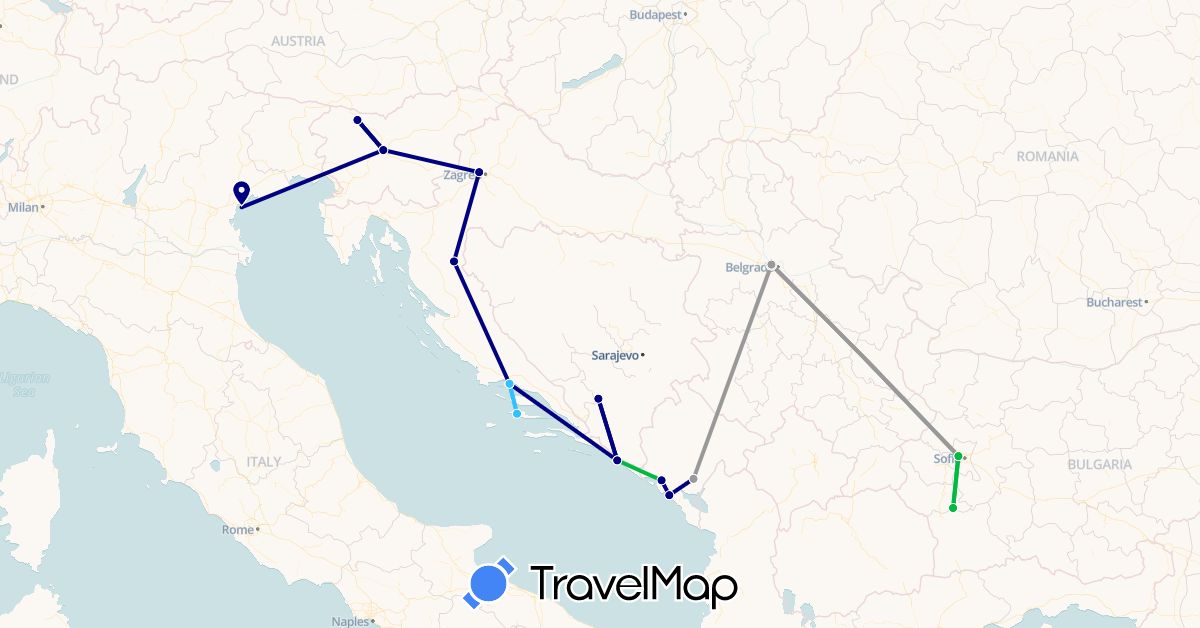 TravelMap itinerary: driving, bus, plane, boat in Bosnia and Herzegovina, Bulgaria, Croatia, Italy, Montenegro, Serbia, Slovenia (Europe)