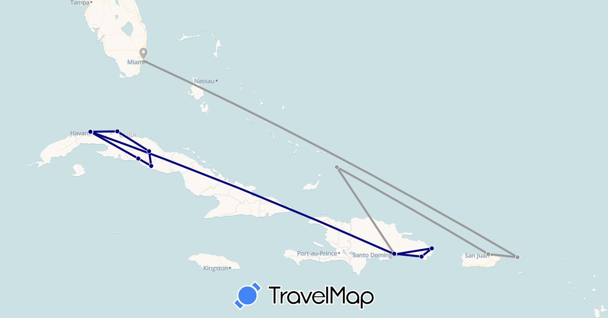 TravelMap itinerary: driving, plane in Cuba, Dominican Republic, Turks and Caicos Islands, United States (North America)