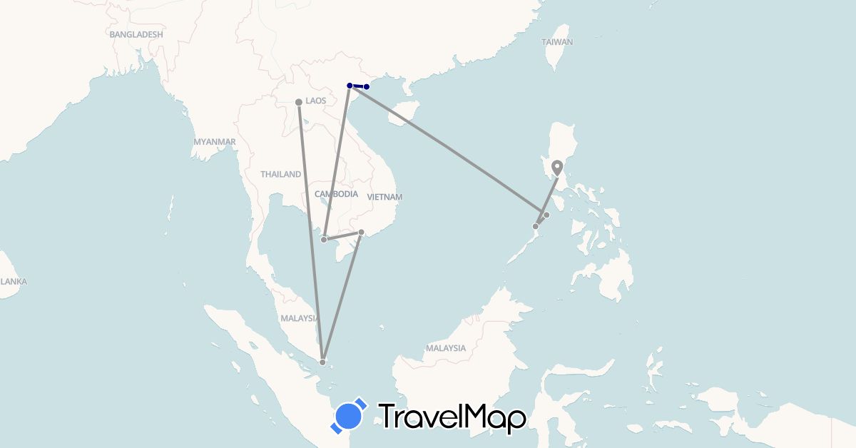TravelMap itinerary: driving, plane in Laos, Philippines, Singapore, Vietnam (Asia)