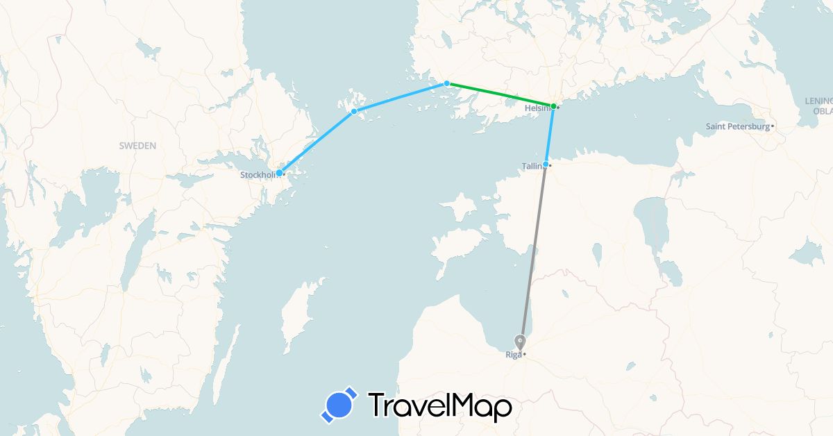 TravelMap itinerary: driving, bus, plane, boat in Estonia, Finland, Latvia, Sweden (Europe)